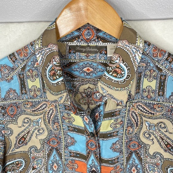 Tommy Bahama Silk Paisley Blue Brown Yellow Floral Print Button Dress Shirt-12 - Picture 2 of 5